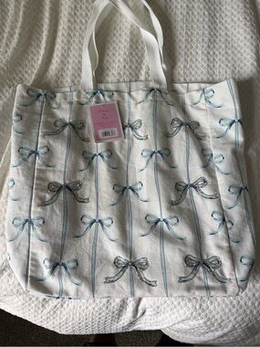 White Canvas Tote with Blue Ribbon Print